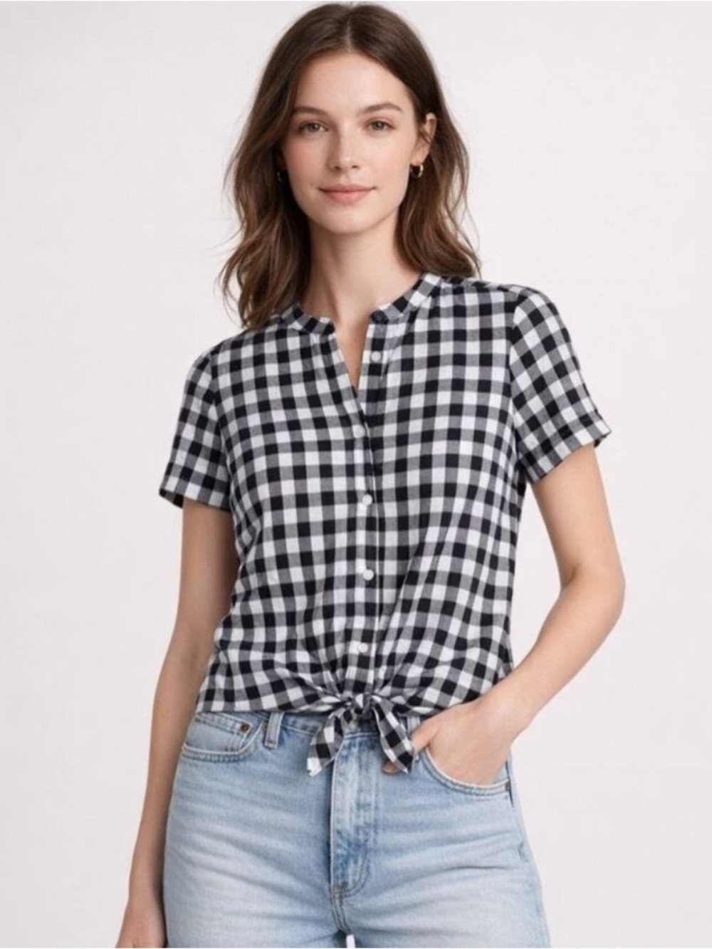 J.Crew Gingham Preppy Tie Front Button Down Shirt Size M